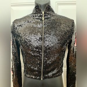 Black Sequin Jacket with Rose Embroidered Sleeves